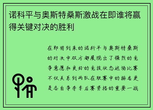 诺科平与奥斯特桑斯激战在即谁将赢得关键对决的胜利